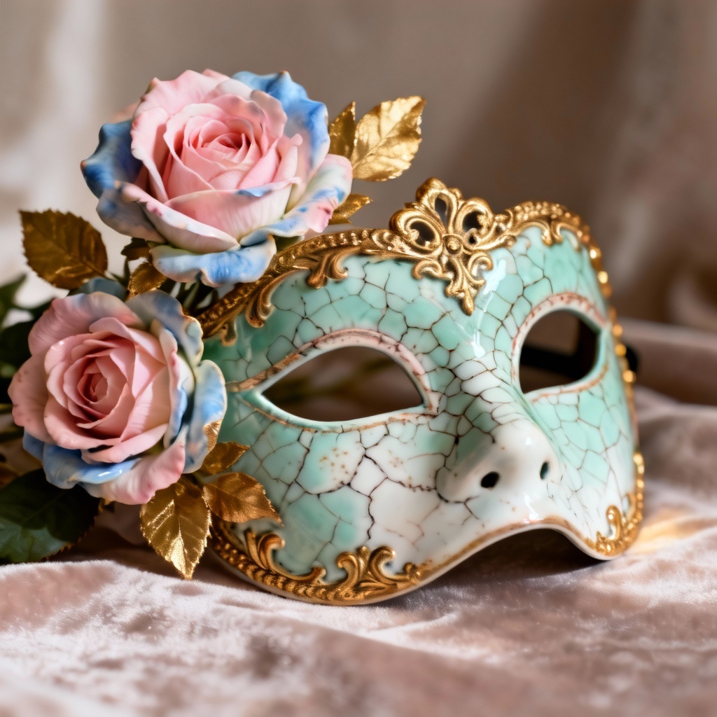 AI porcelain Venetian mask with rococo rose painting