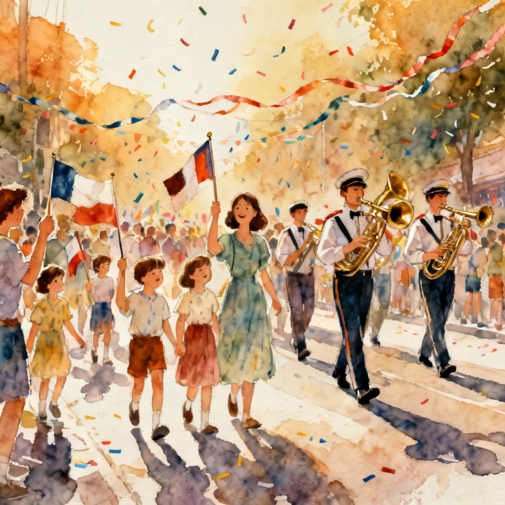 AI parade street scene Independence Day illustration
