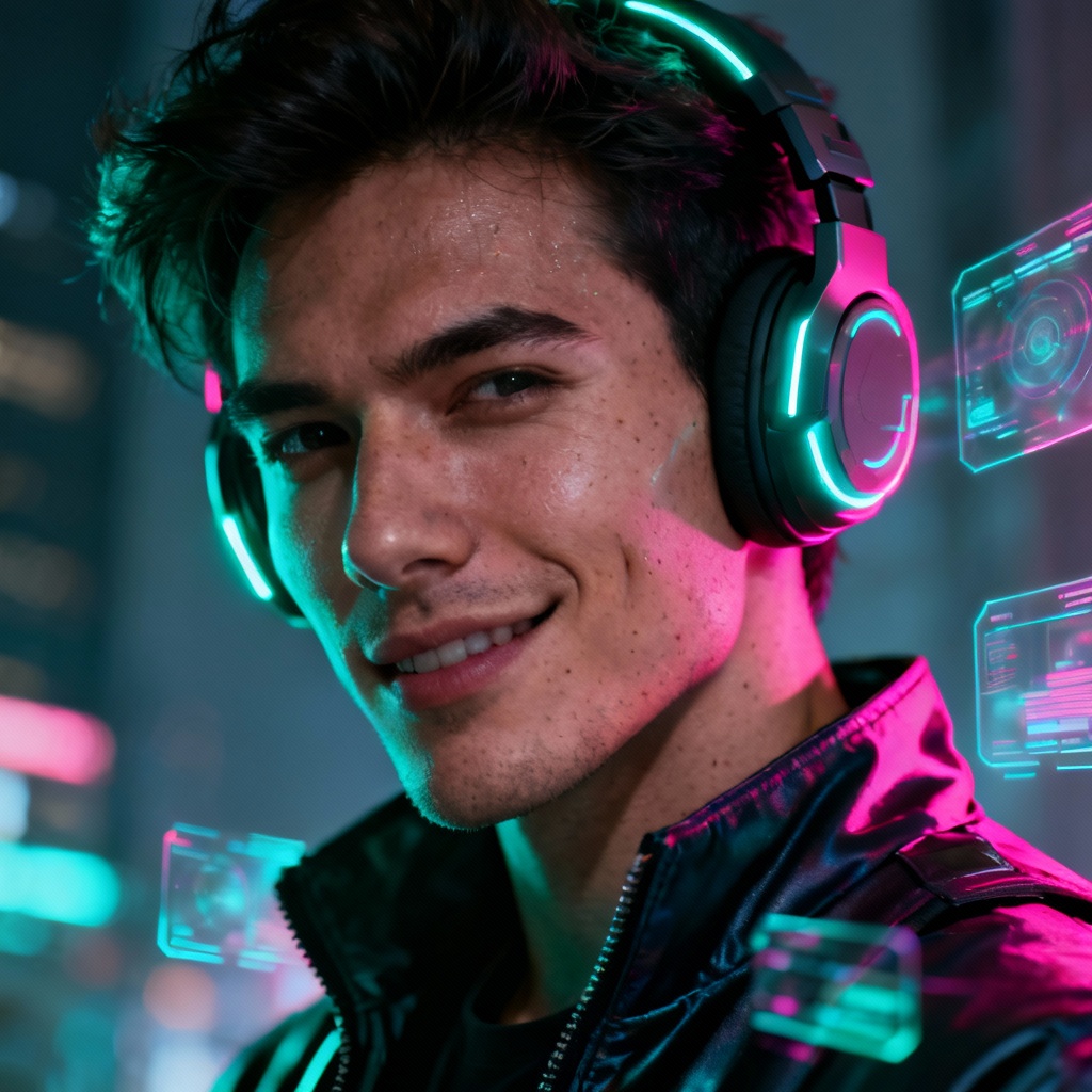 AI neon cyberpunk gamer avatar portrait