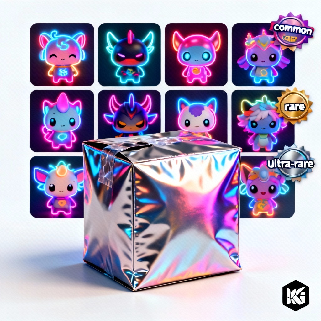AI blind box packaging with chibi lineup and rarity badges