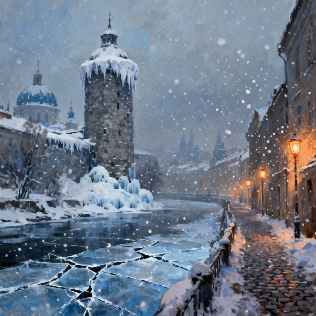 Snowbound ancient city skyline with icy domes and frozen river