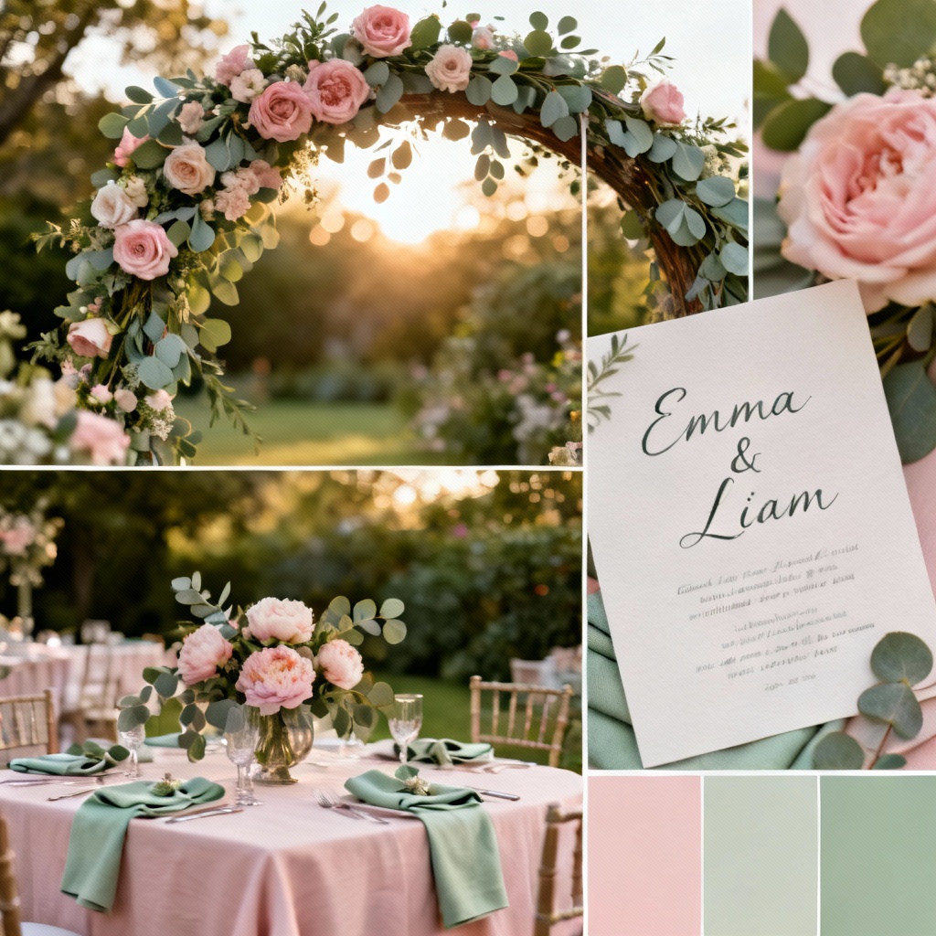 AI wedding celebration mood board with blush and sage palette