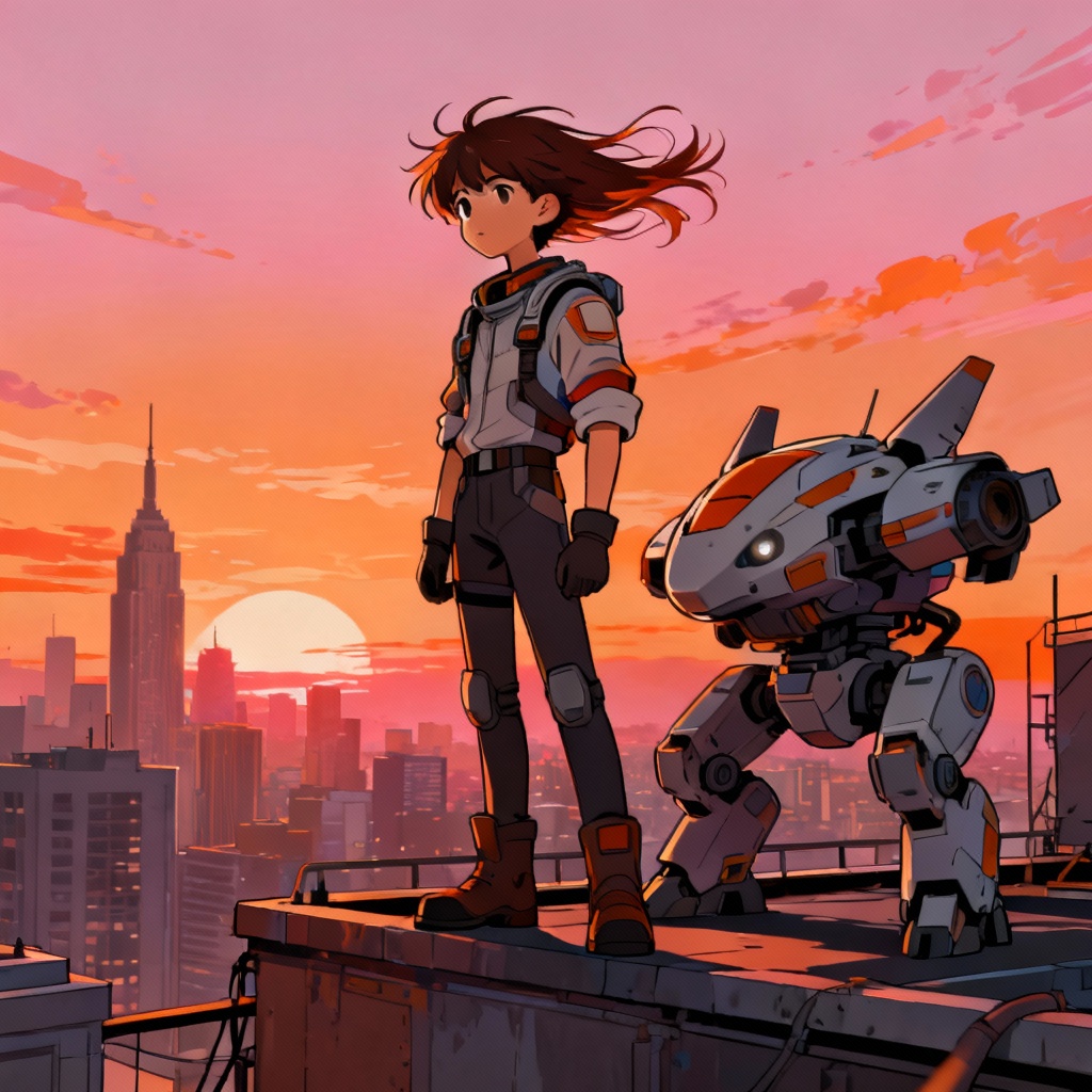 AI modern anime mecha rooftop scene at sunset