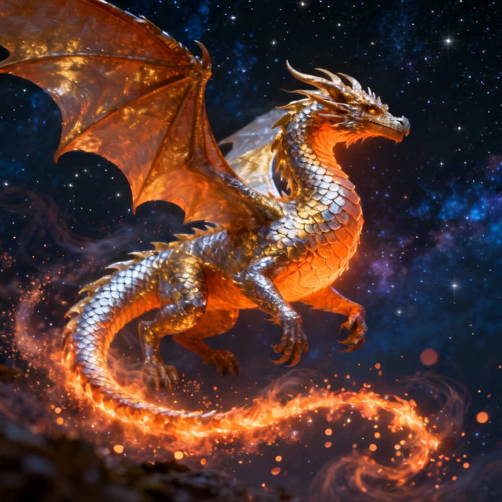 Celestial dragon with a fiery luminous tail against stars