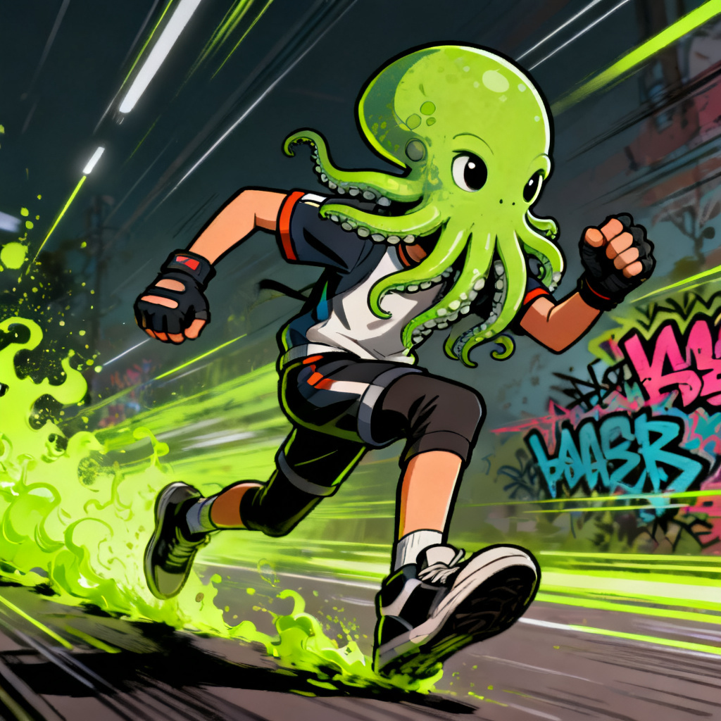 AI graffiti-style Splatoon OC sprinting through ink