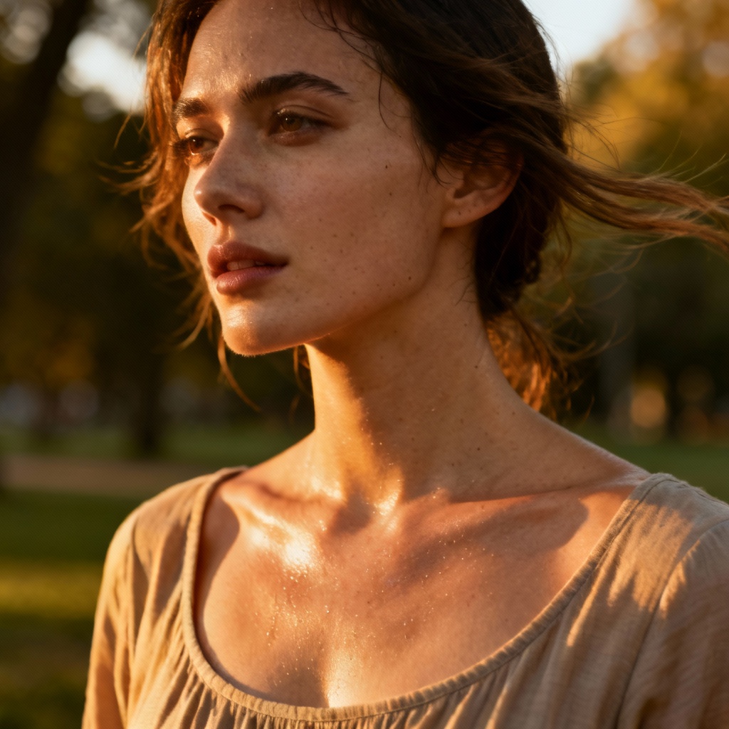 Sunlit collarbones at golden hour