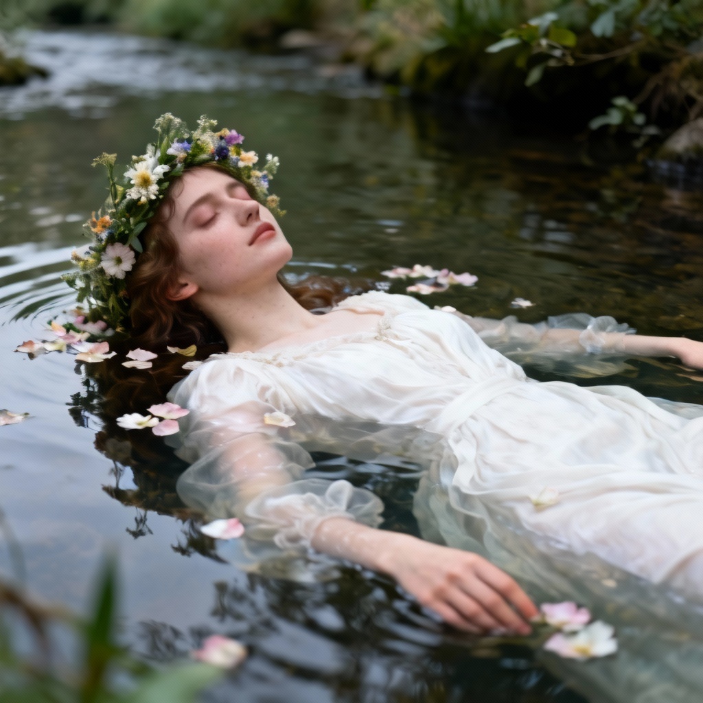 AI Ophelia portrait by a river with wildflowers and flowing gown
