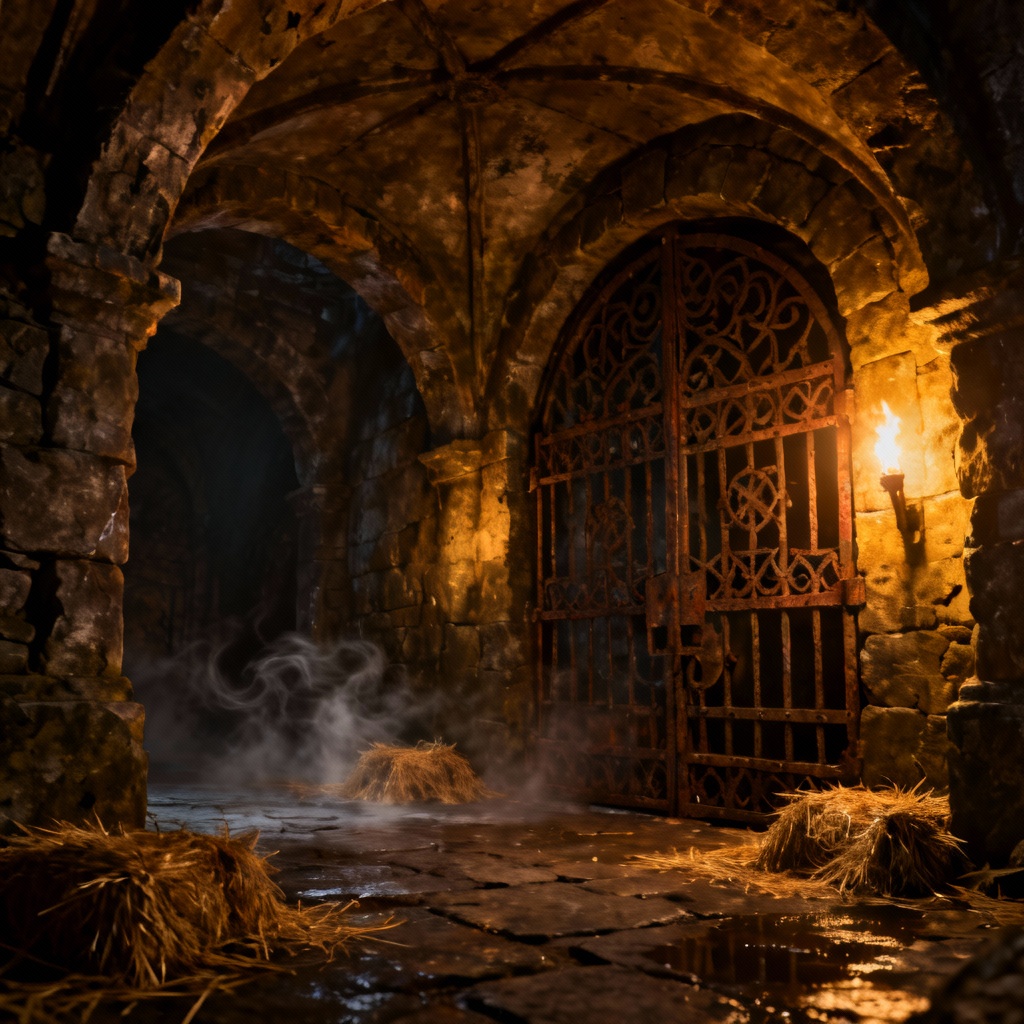 Medieval stone dungeon with torchlight