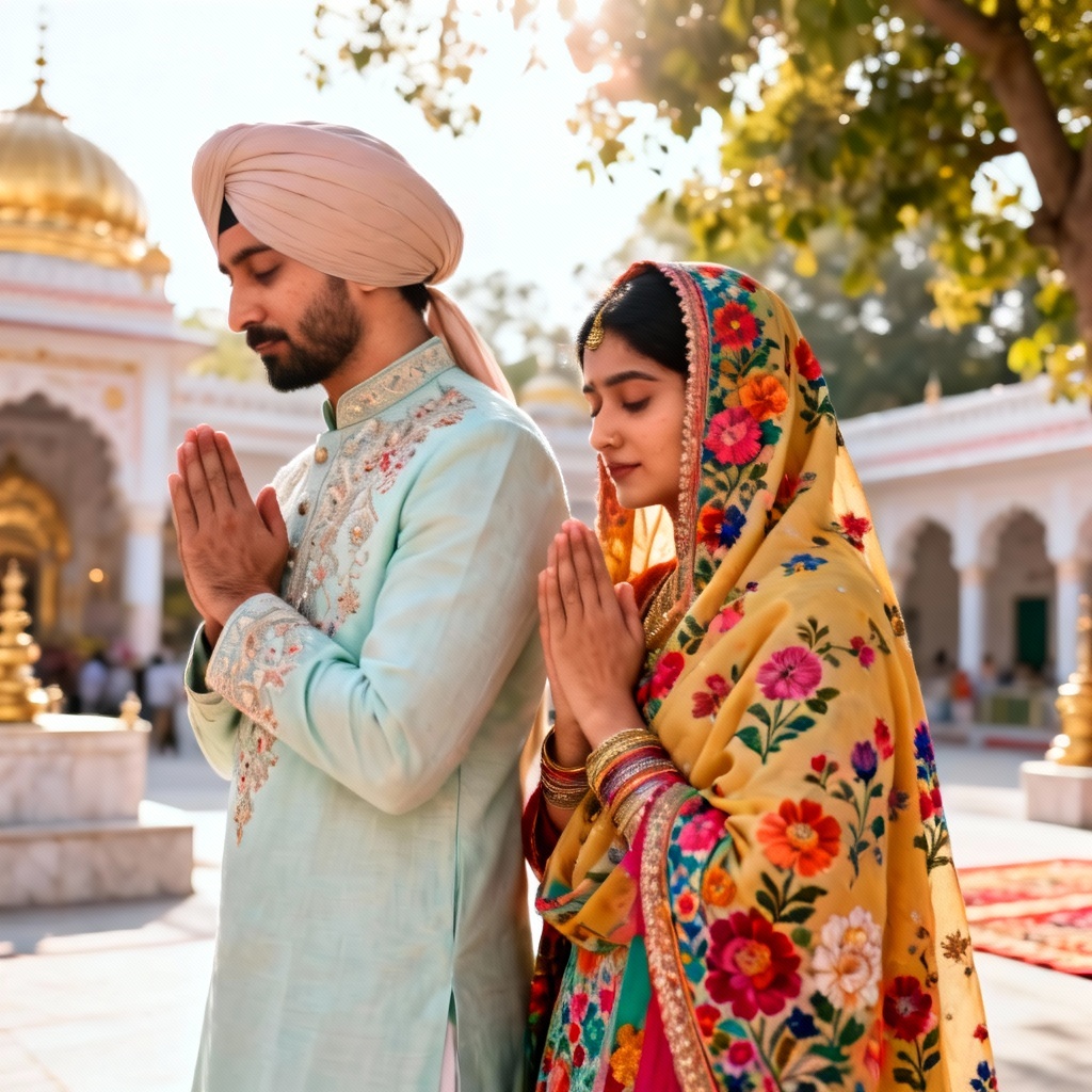 AI Sikh couple at gurdwara in pastel wedding attire