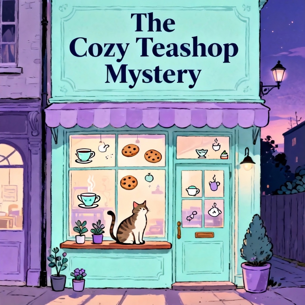 AI cozy mystery book cover with teashop illustration