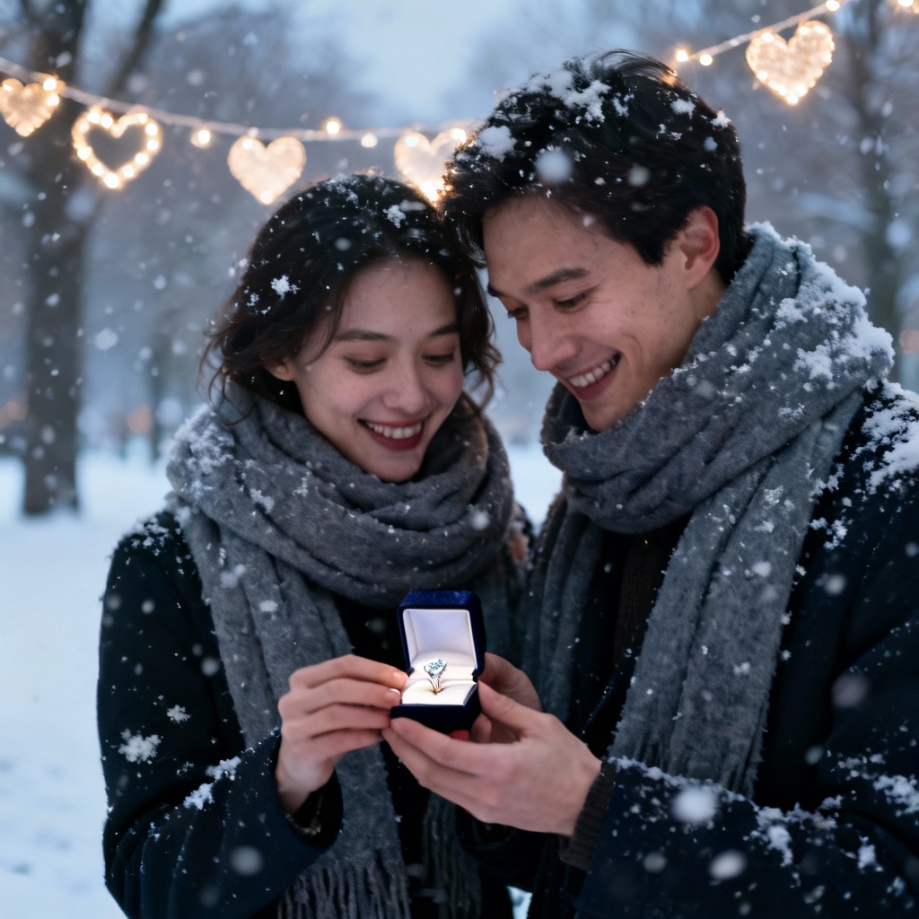 AI Valentine snowy couple proposal scene