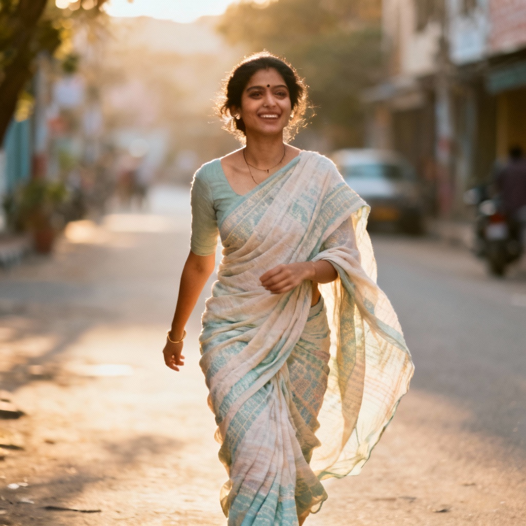AI jamdani saree in pastel tones on city street