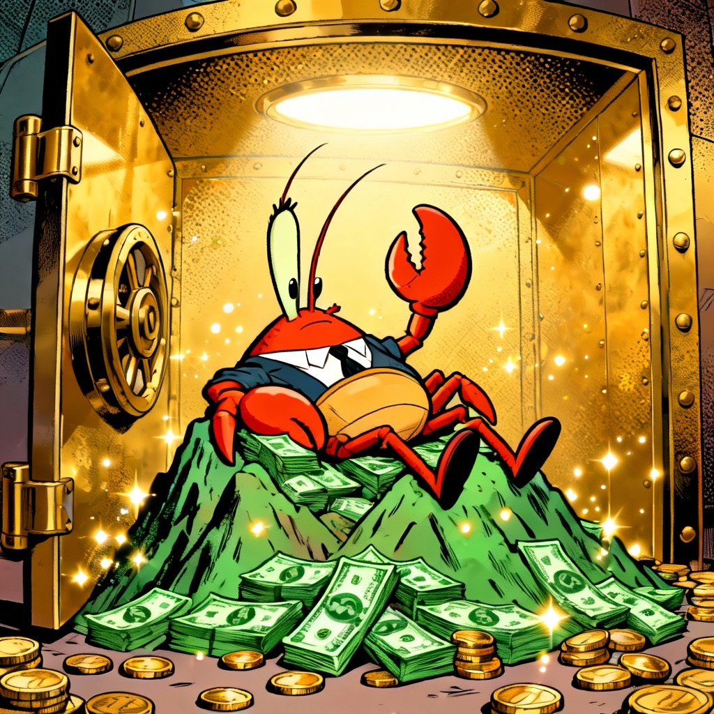 AI Mr. Krabs money vault scene with crab tycoon