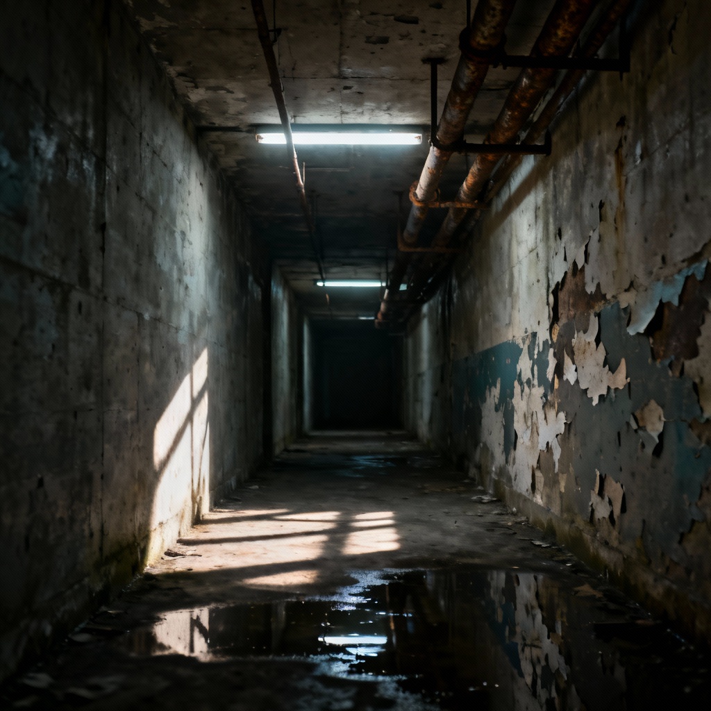 AI horror basement tunnel with moody lighting