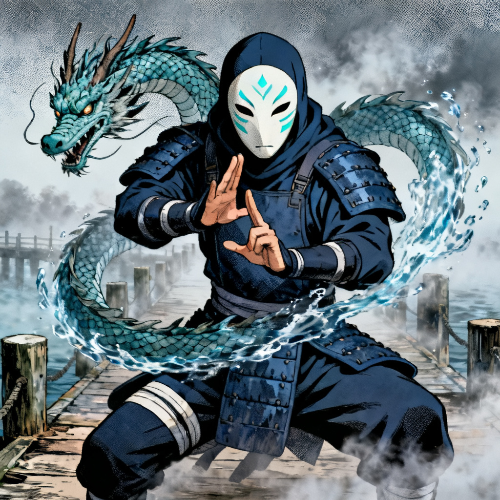 AI Naruto OC mist village ANBU operative with mask and water jutsu