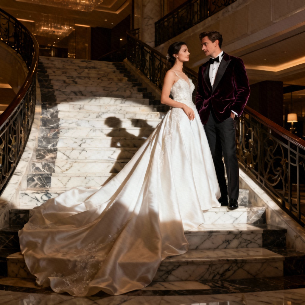 AI grand staircase indoor wedding portrait