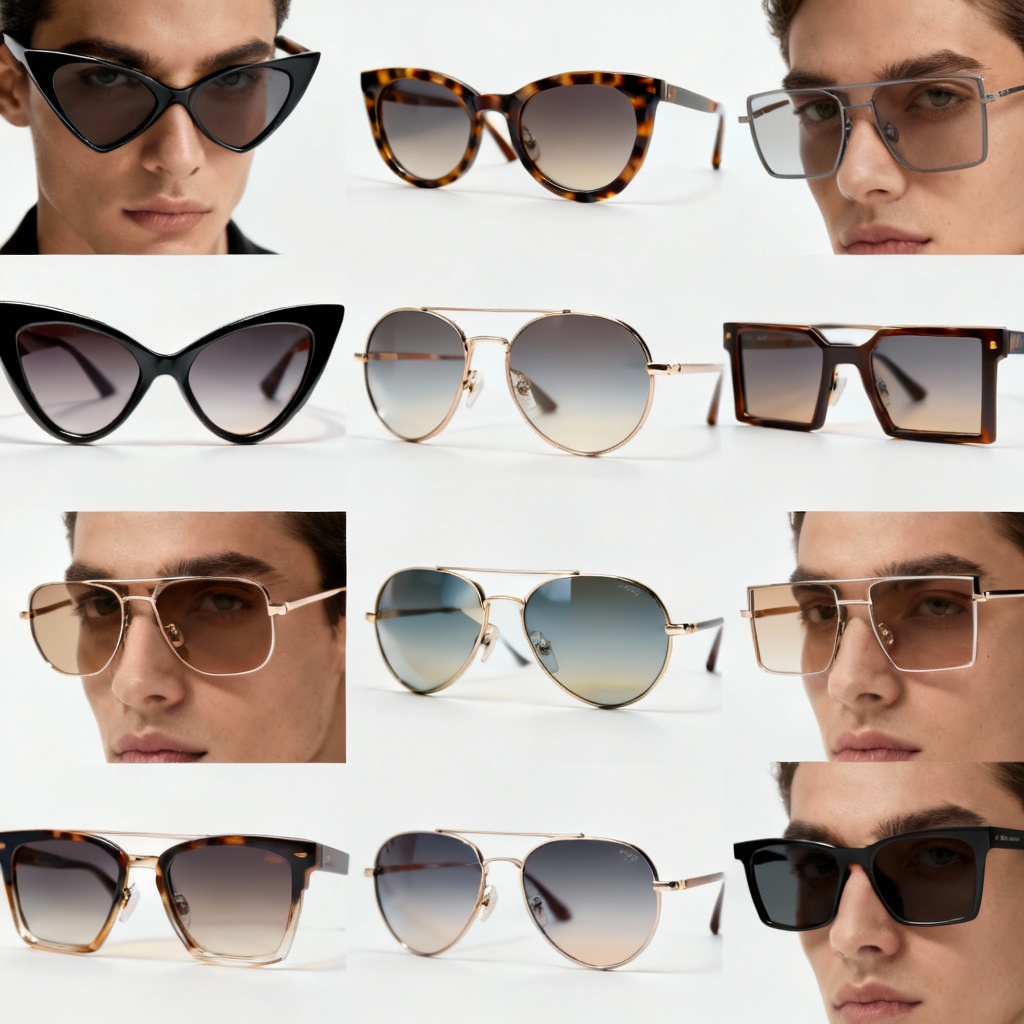 AI eyewear generator collage with glasses and sunglasses in various styles