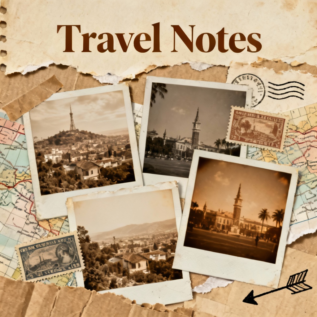Vintage travel scrapbook collage with stamps and maps