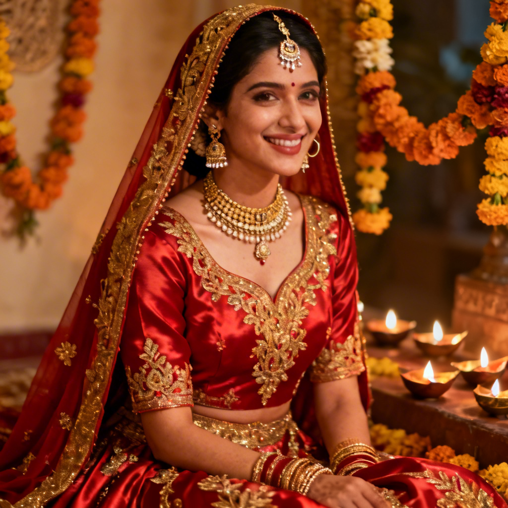 Photorealistic Indian bride in red lehenga with gold jewelry