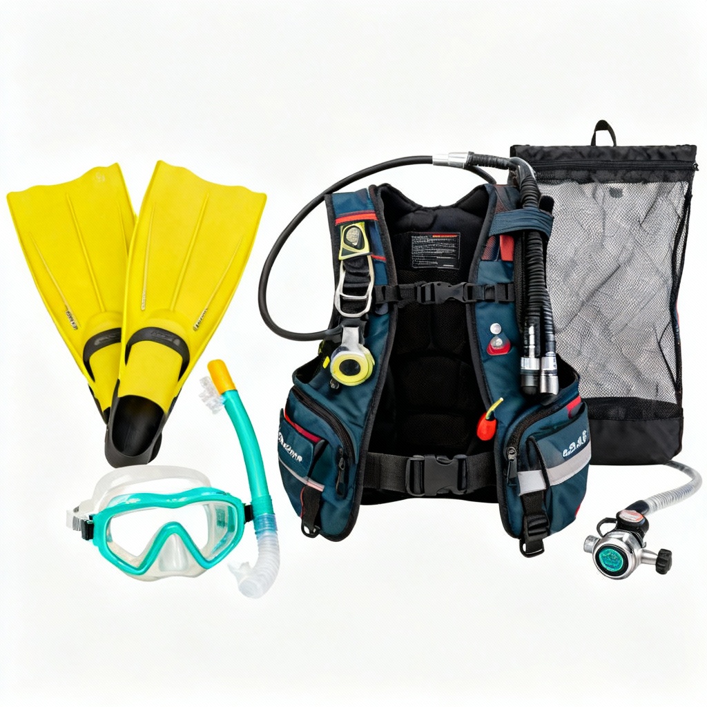 Colorful travel scuba kit with mask, snorkel, fins, and compact BCD
