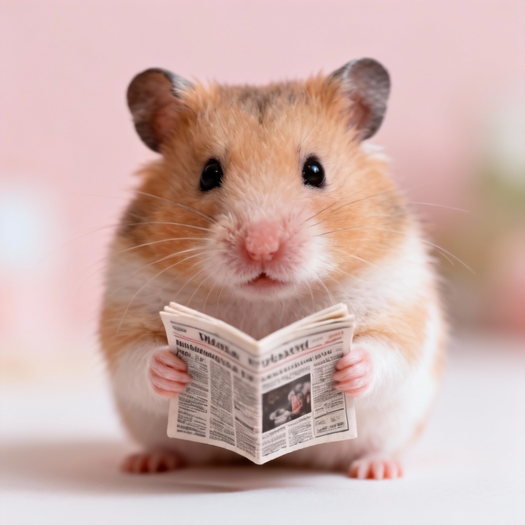 Tiny hamster reading a miniature newspaper in macro style
