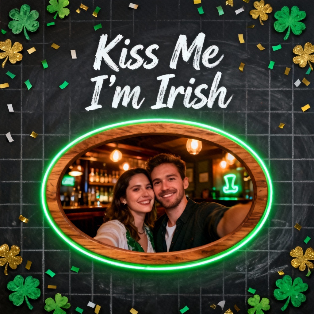 Chalkboard pub style card with photo frame and neon green accents