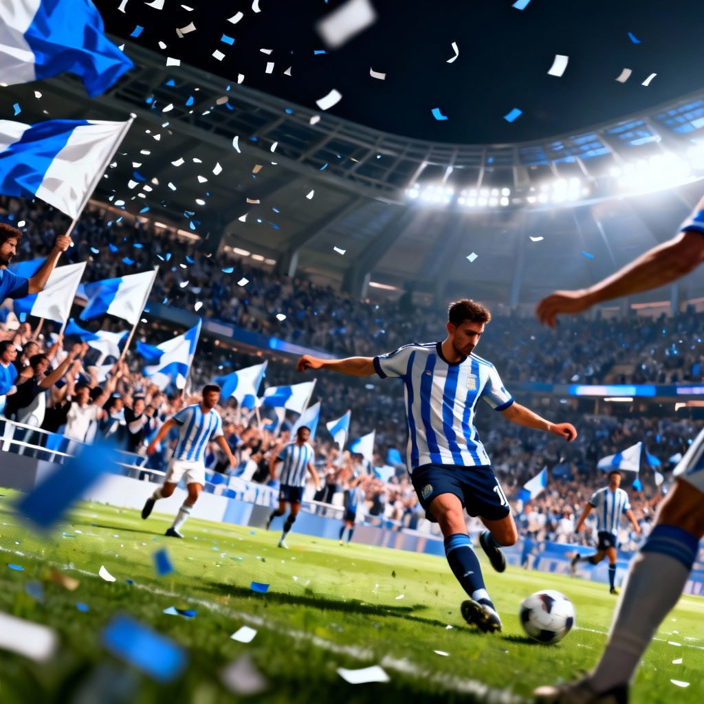 AI Argentine football scene in a modern stadium with blue and white flags