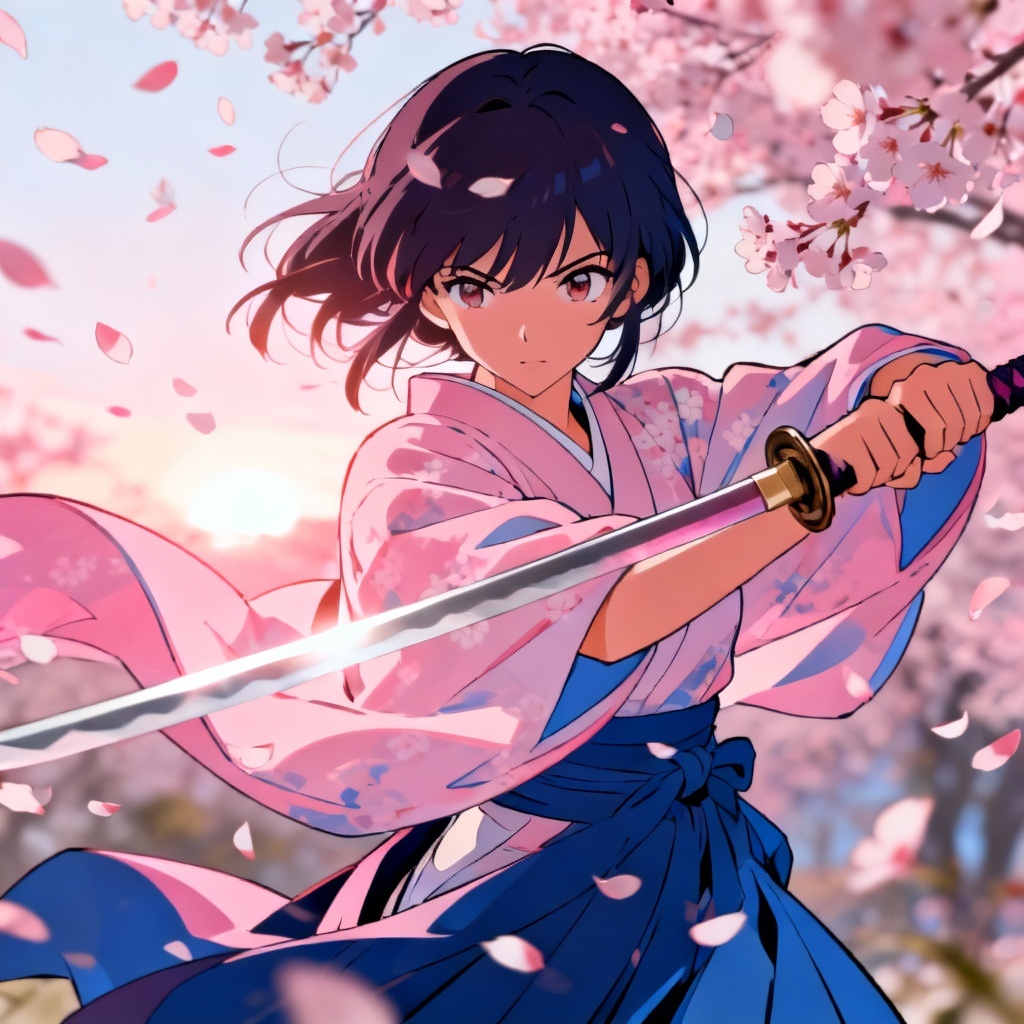 Anime swordswoman under cherry blossoms