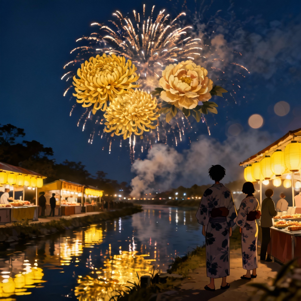 AI Hanabi Taikai fireworks over a river with people in yukata