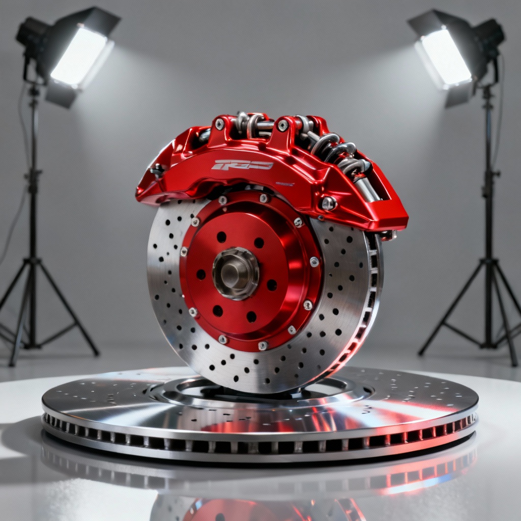 AI-generated brake caliper product render on a studio background