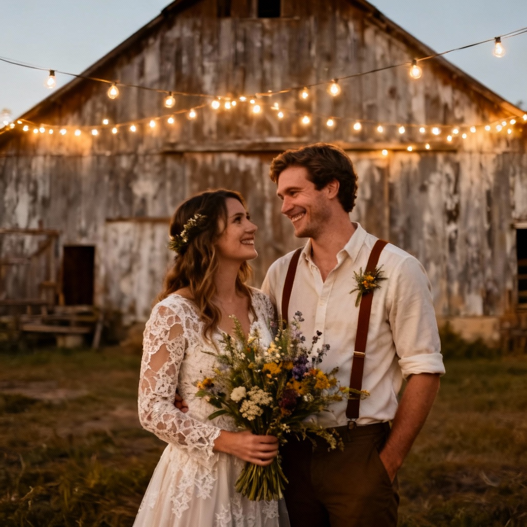 AI rustic barn wedding couple with fairy lights