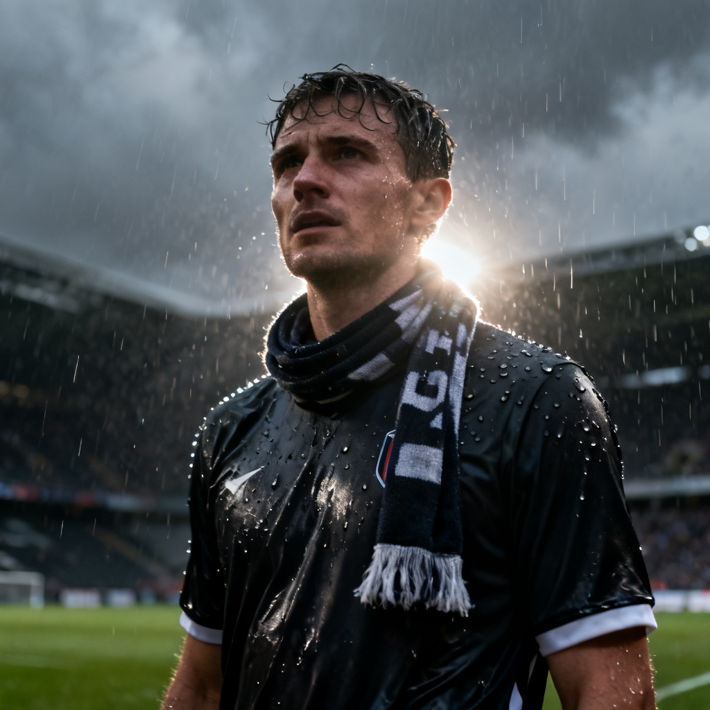 AI football fan in a rain-soaked matchday scene with scarf
