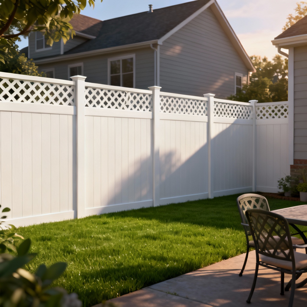Clean white vinyl privacy fence featuring lattice toppers in a suburban yard