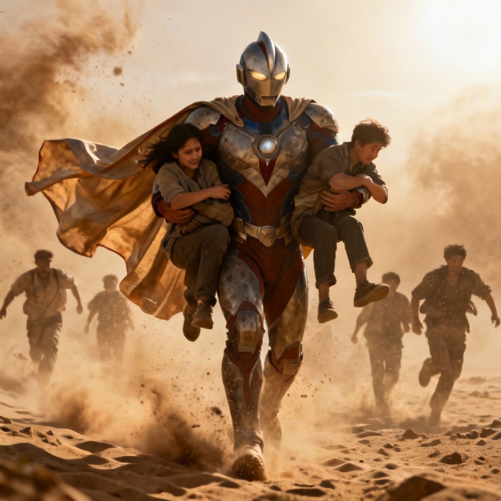 Ultraman-style hero rescuing civilians in desert storm
