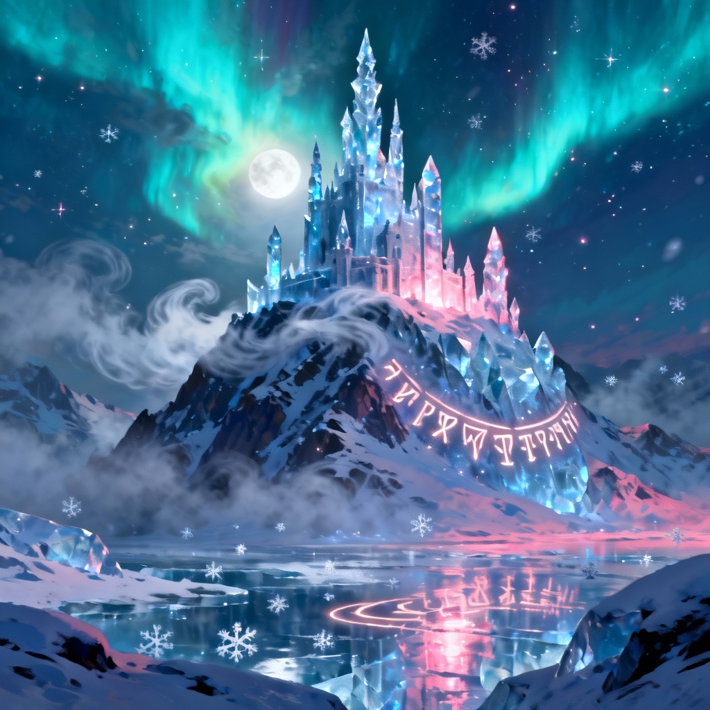 AI fantasy ice castle under aurora