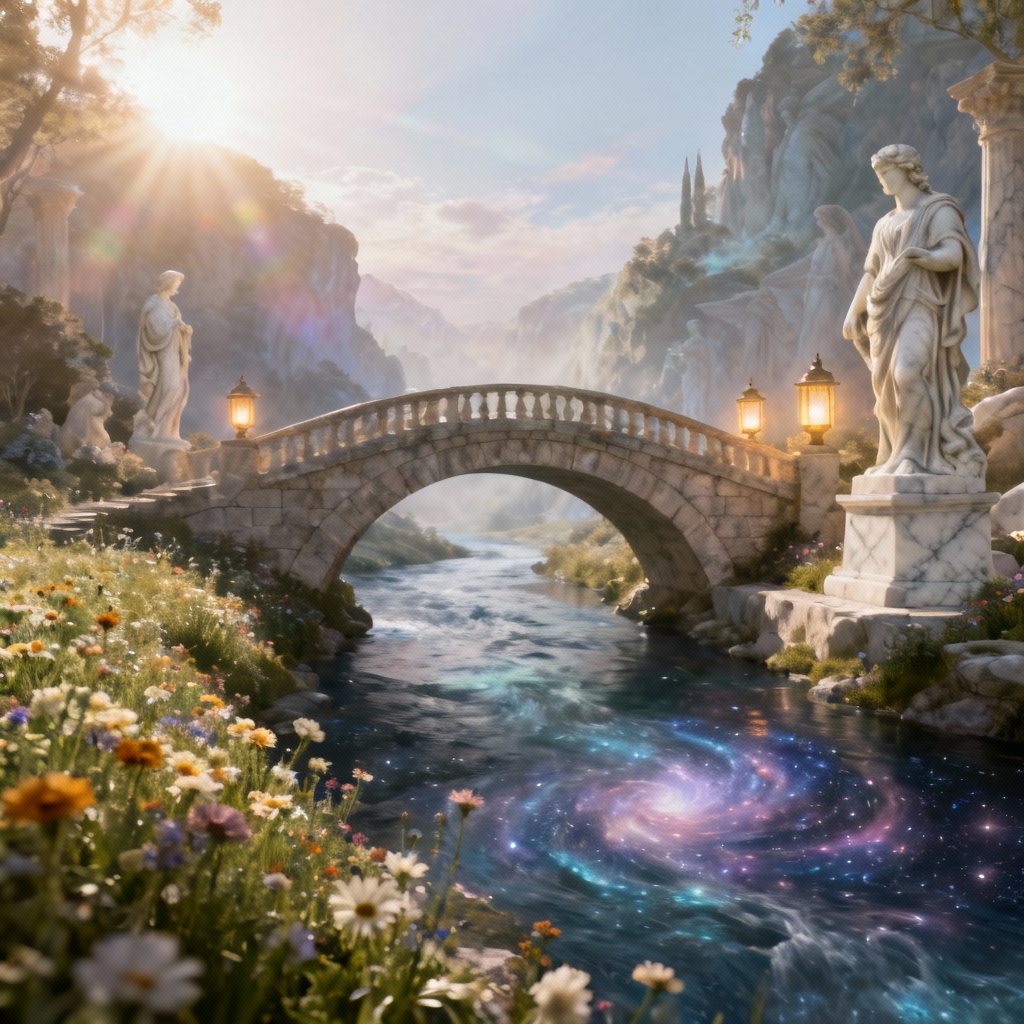 AI bridge between worlds over a river of stars