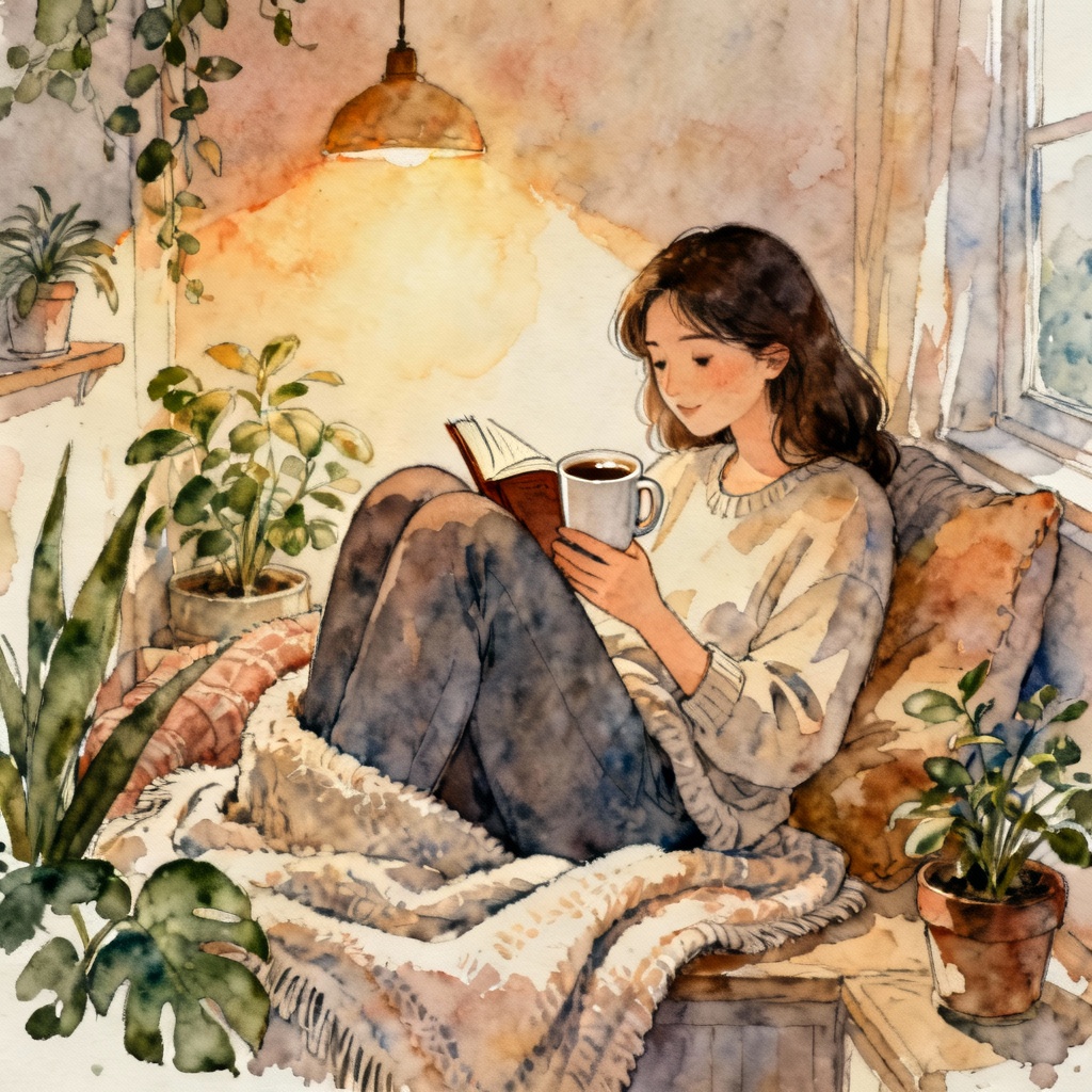 Cozy watercolor scene of woman reading with coffee
