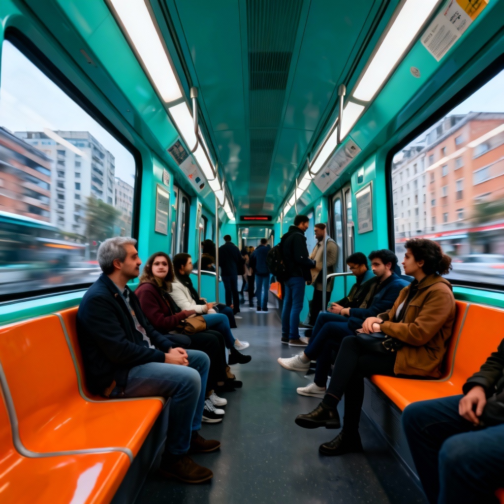 AI daily life image of people commuting on a metro train