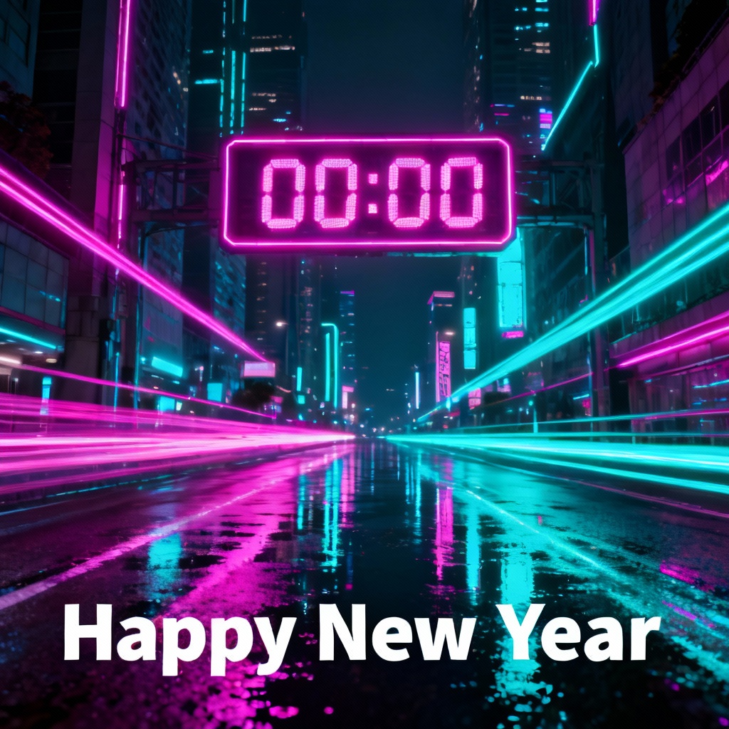 AI New Year neon city countdown poster