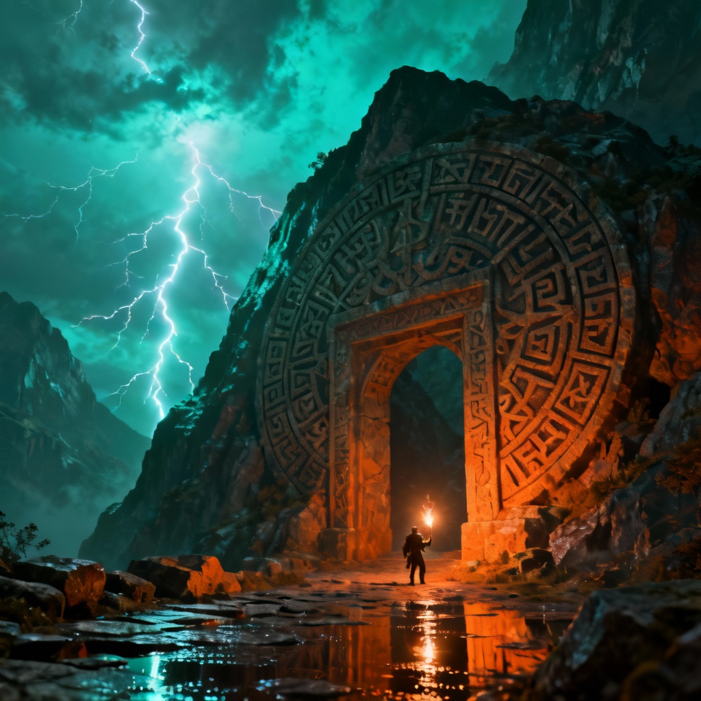 AI epic gate in a storm with hero approaching