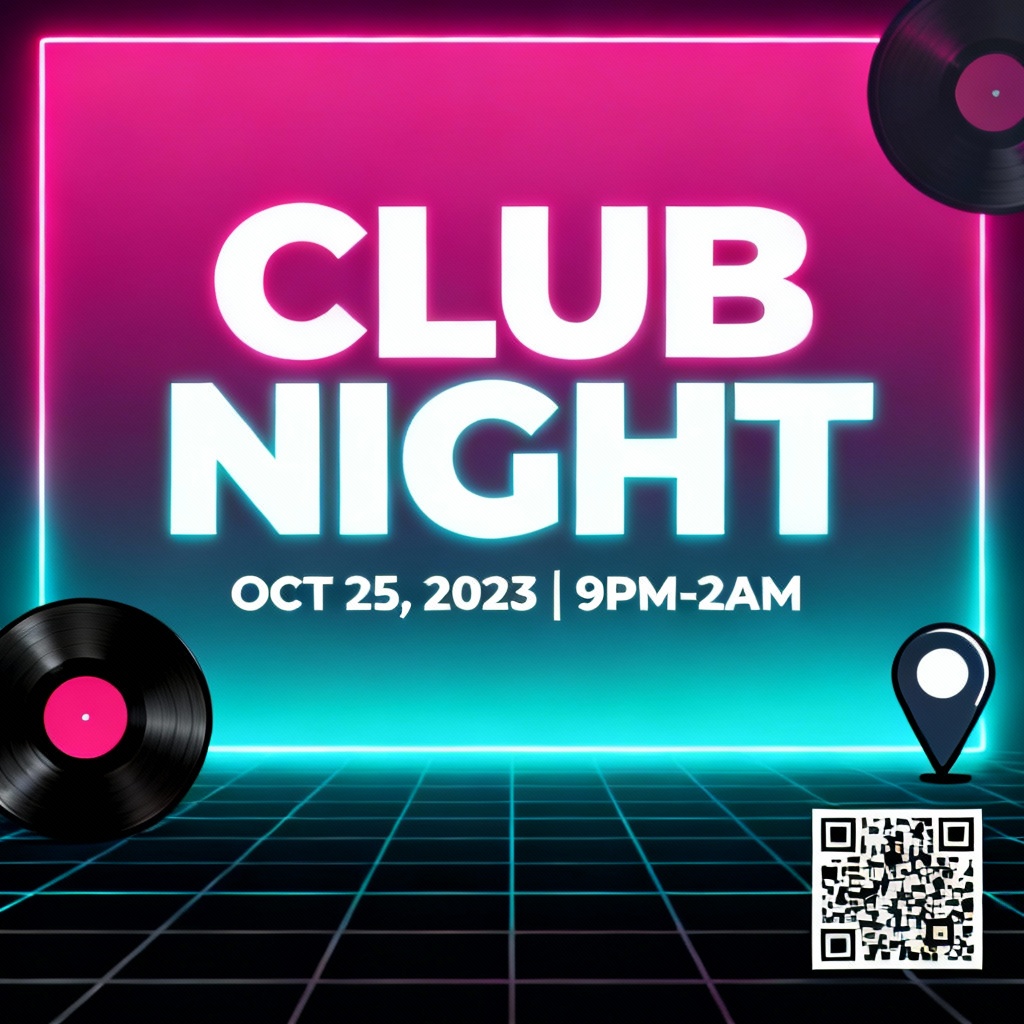 AI generated neon club party flyer with QR code and bold headline