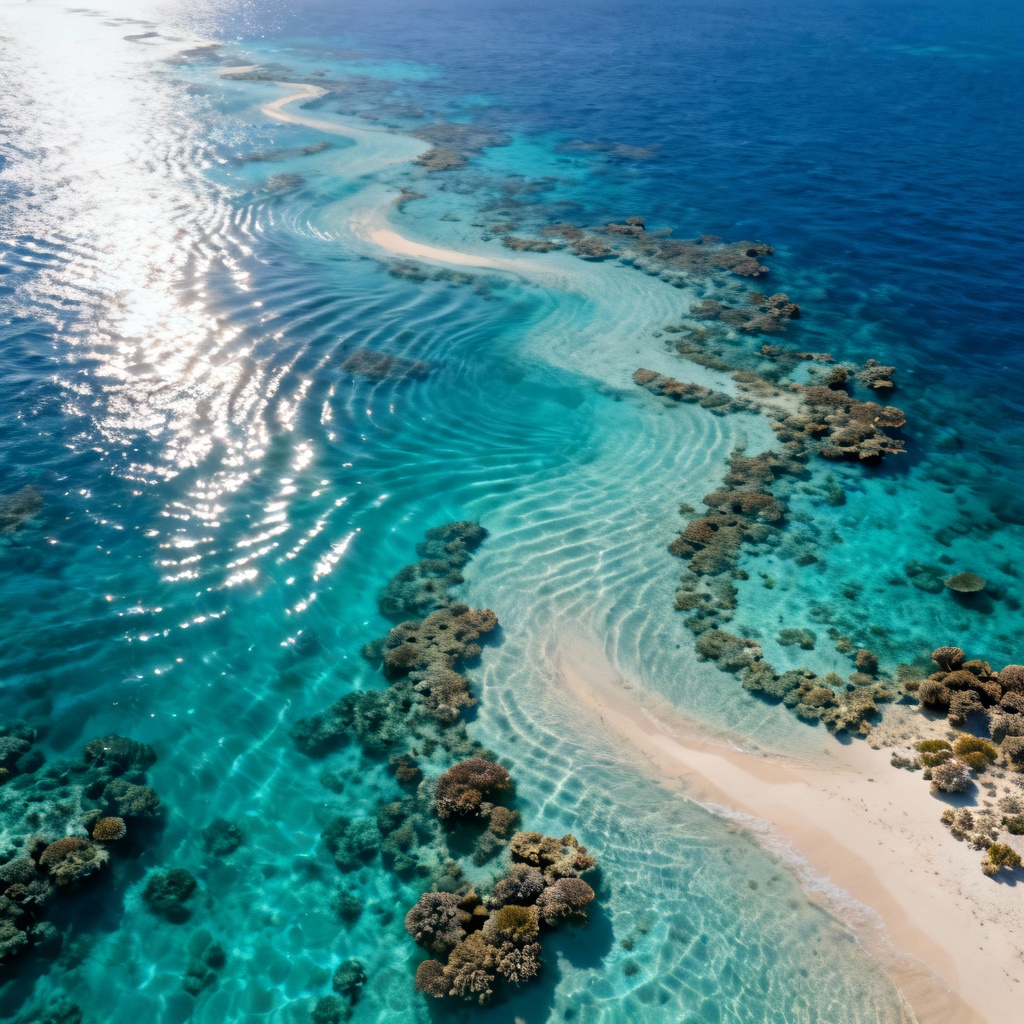 AI aerial sea view of coral reef patterns and turquoise water