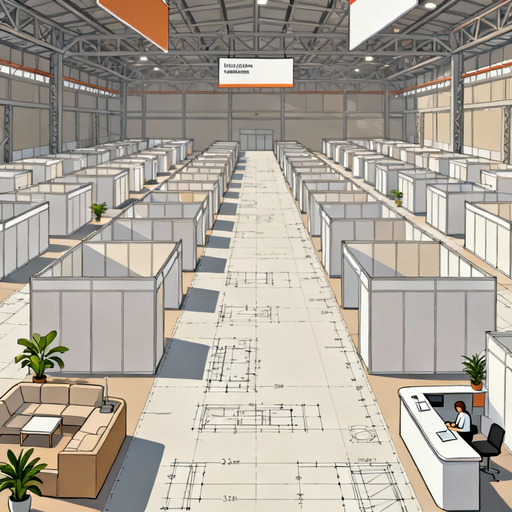 AI trade show exhibition hall floor plan with booths