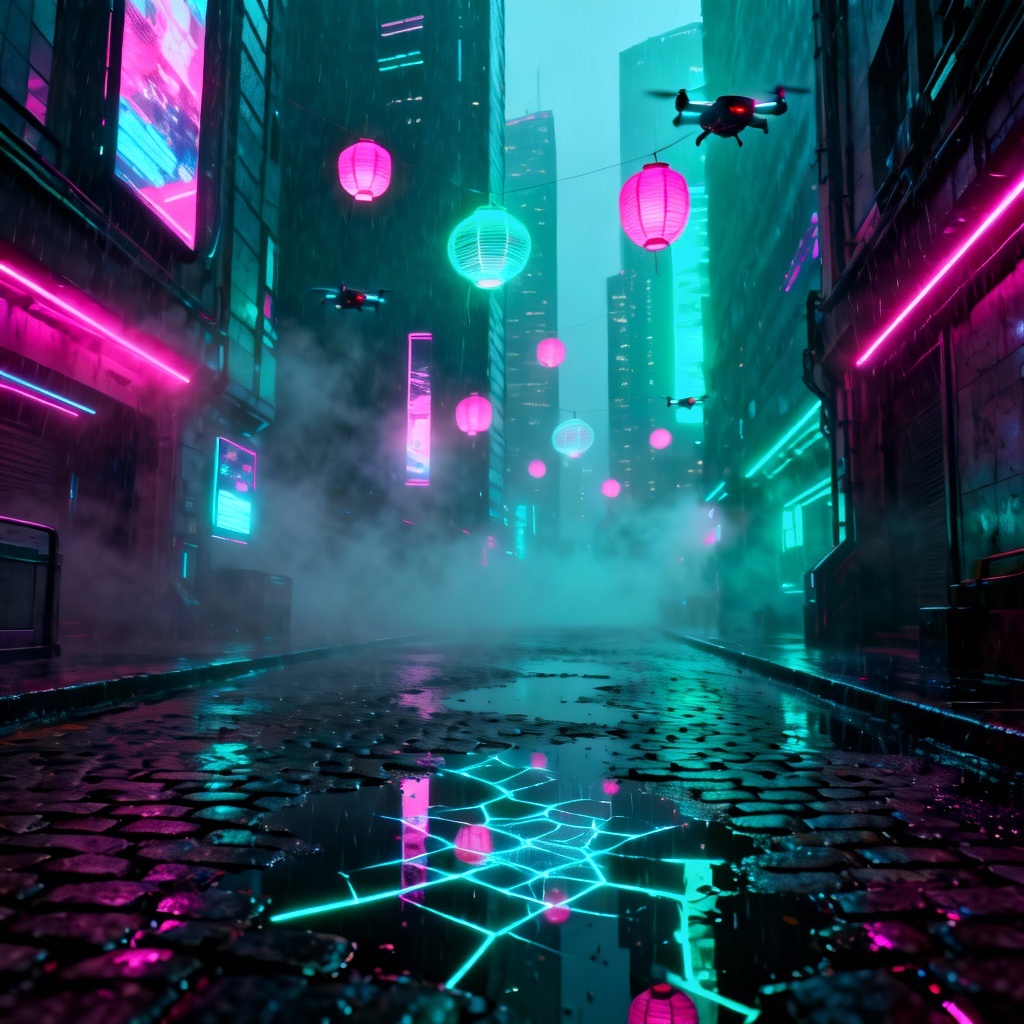 AI cyberpunk neon holographic lantern alley
