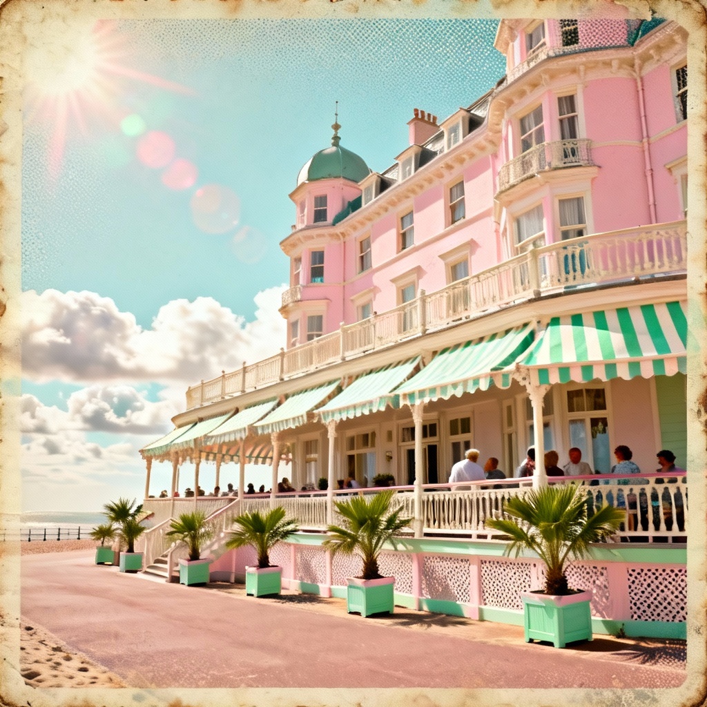 AI Edwardian seaside hotel vintage postcard