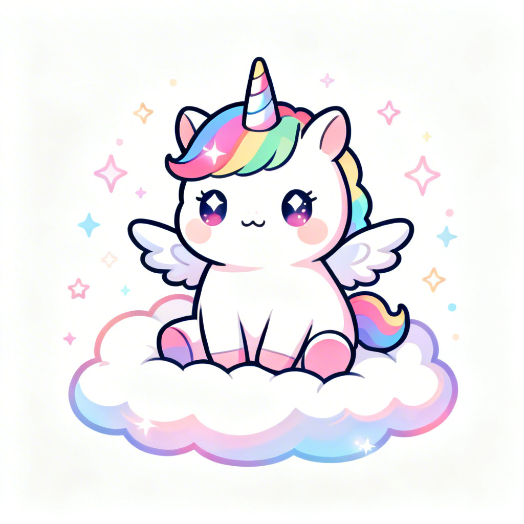 Cute chubby unicorn with rainbow mane on pastel clouds