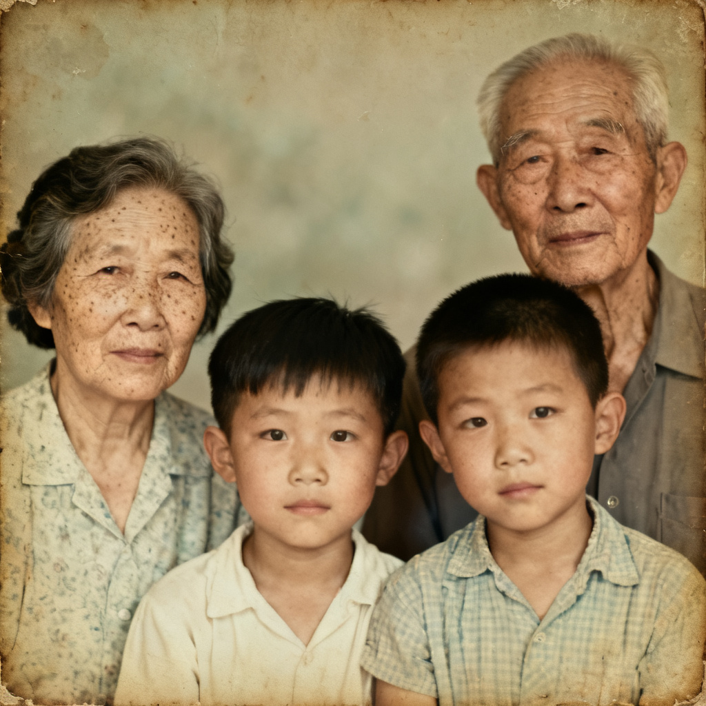 Vintage family photo restored and de-aged