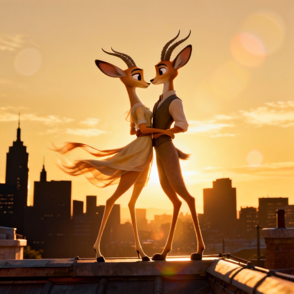 Zootopia style gazelle couple on rooftop at sunset