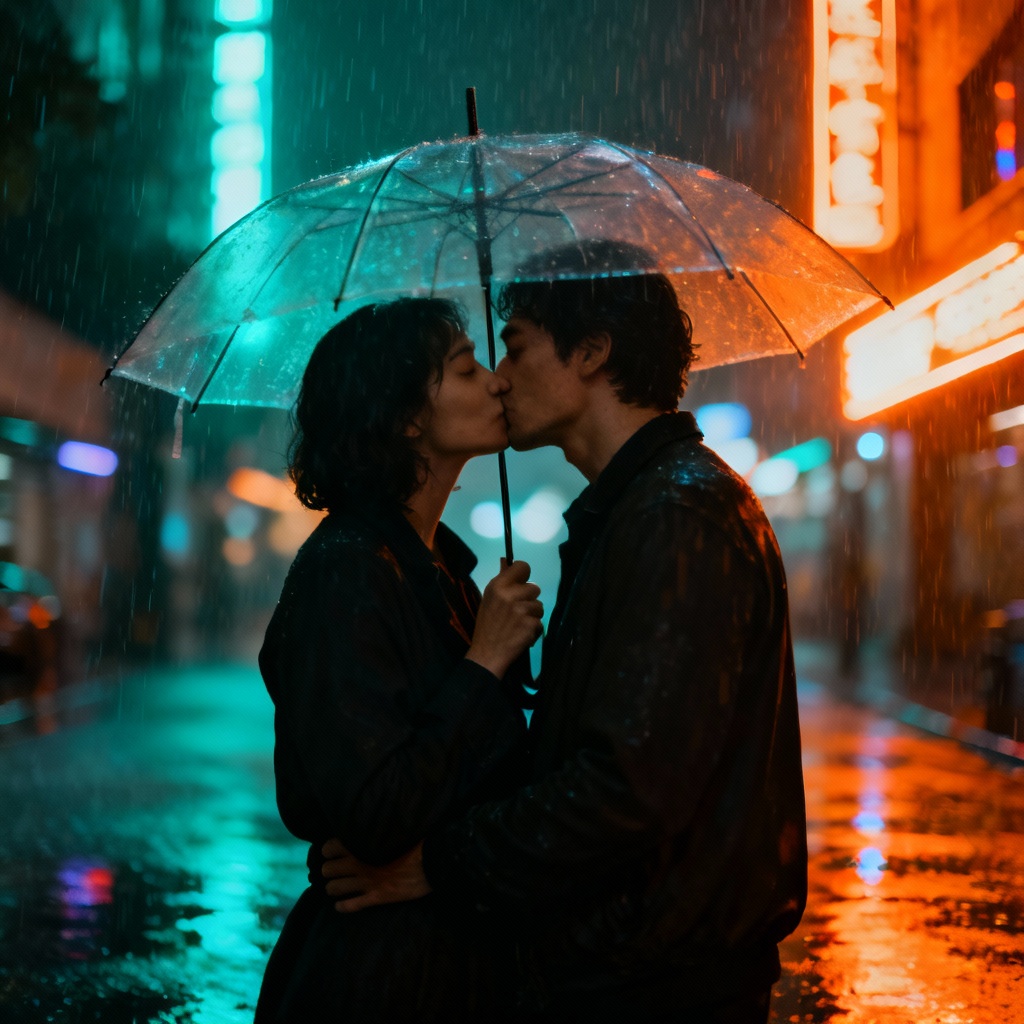 AI rainy street kiss photo