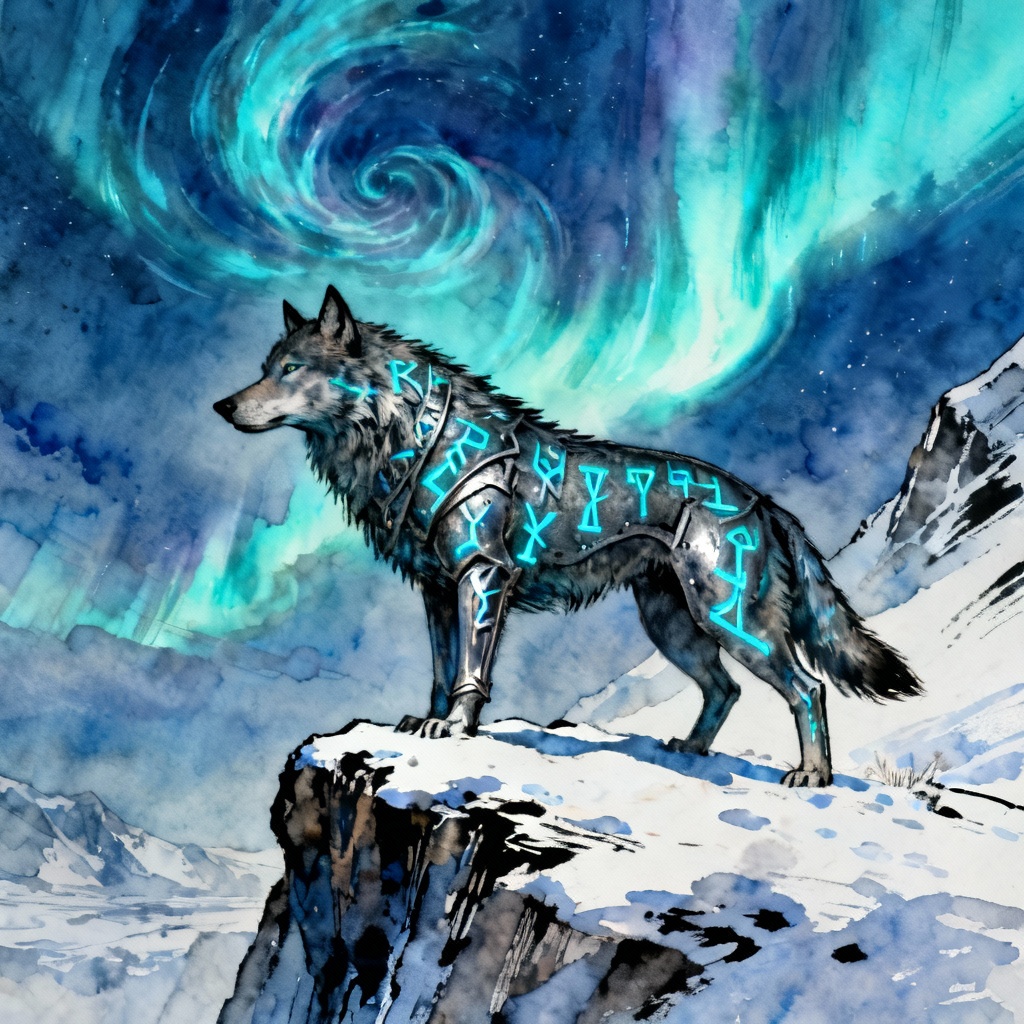 Norse-inspired mythic wolf with glowing runes